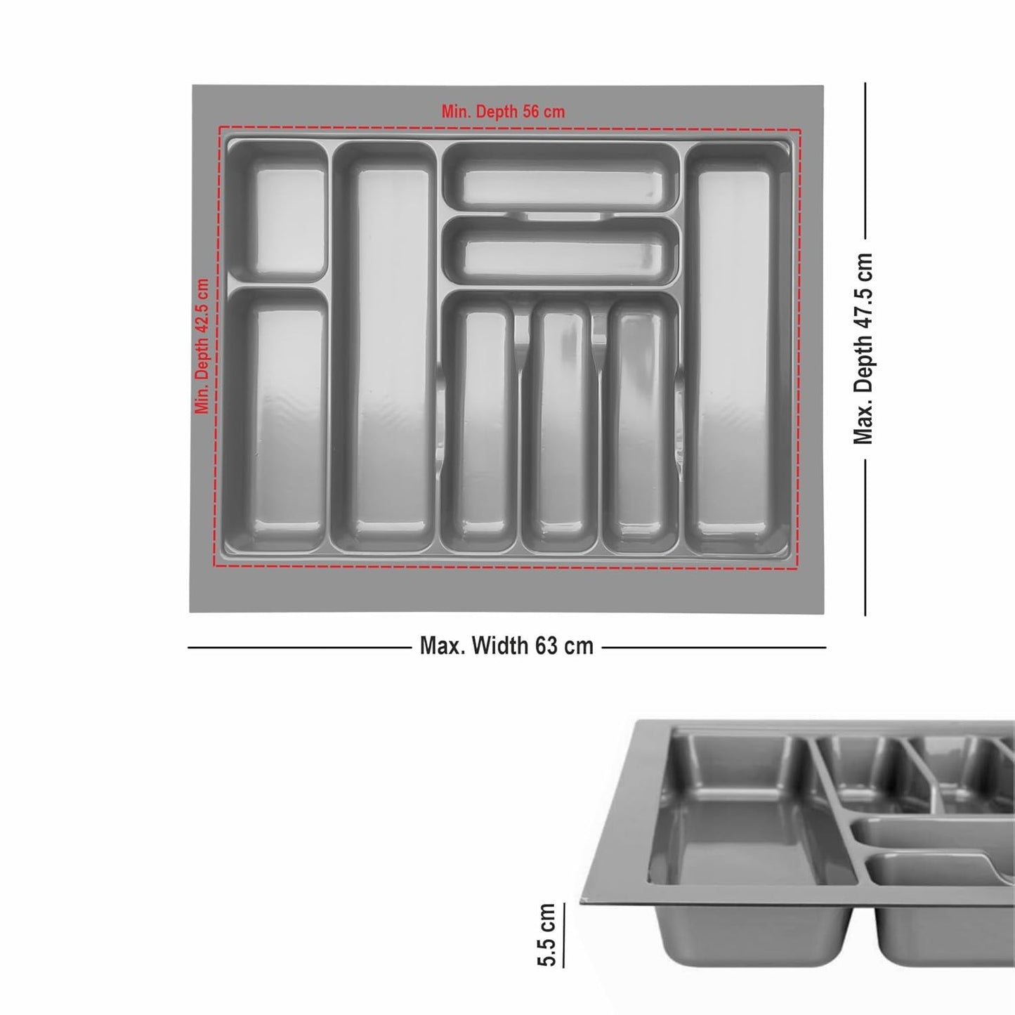 600mm Cutlery Tray For Kitchen Drawer/Cutlery Tray For Modular Kitchen Basket And Kitchen Trolley (Grey, 25X19 Inch)(Polyvinyl Chloride)